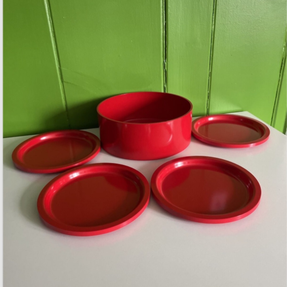 Vtg modern set 4 RED lunch plate Kasen Melamine Salad Serving Bowl Peter Pan USA